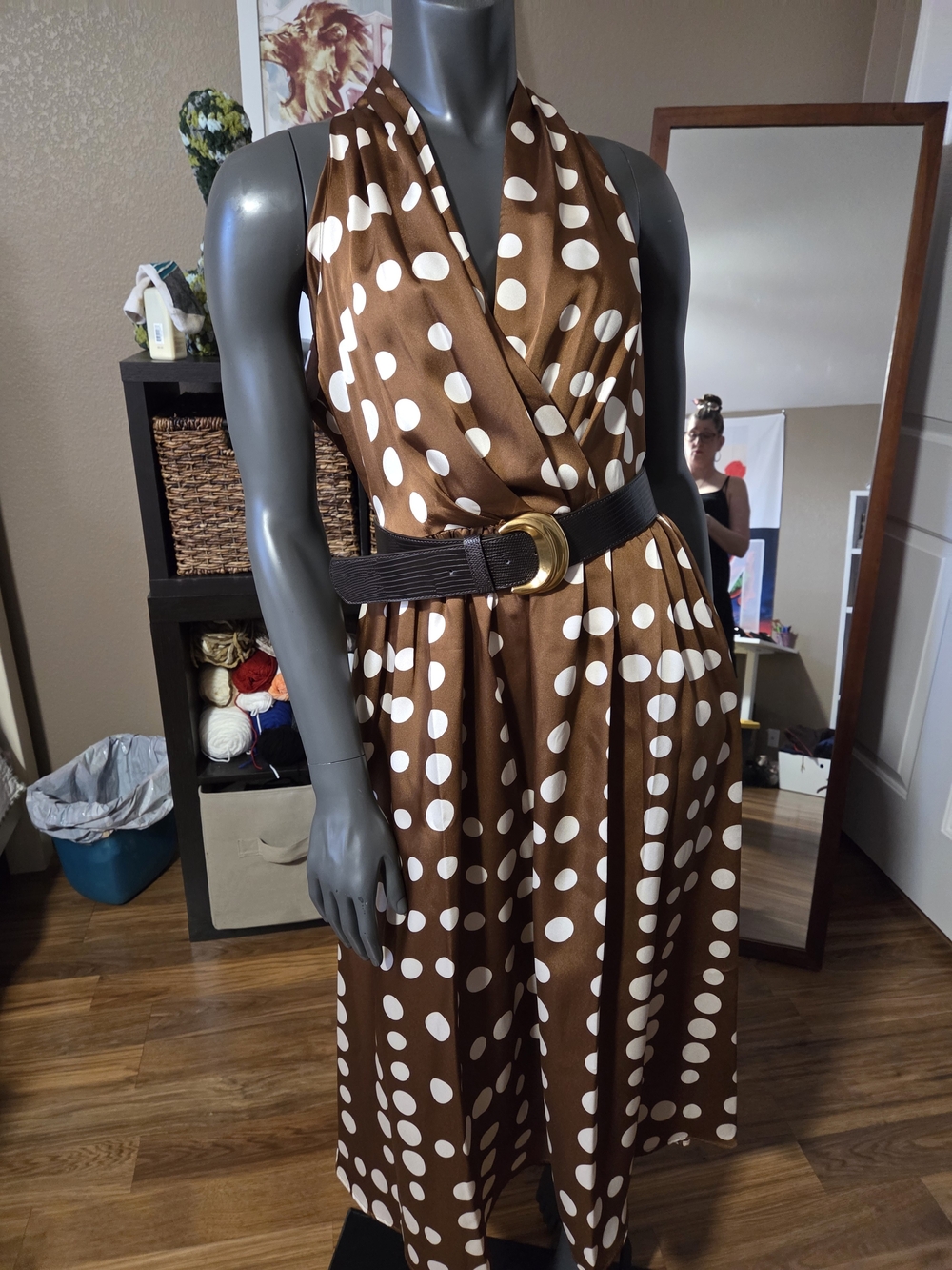 Donna Karan Brown and White Polka Dot Halter Midi Dress